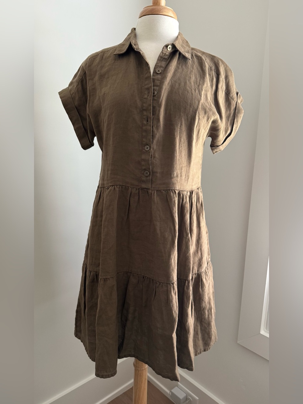 Michael Stars Brown Short Sleeve Tiered Linen Shirt Dress